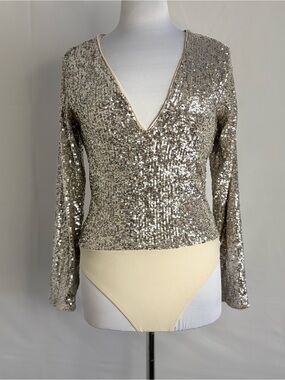 Express Champagne Sequin V-Neck Bodysuit